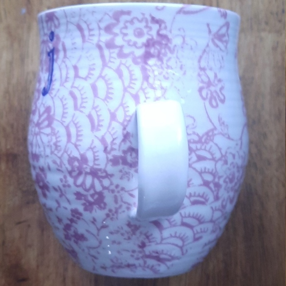 Anthropologie White Ceramic Mug with Pink Floral Pattern, Initial J - Picture 2 of 3